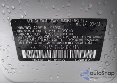 2013 Subaru Impreza 2.0I Sport Premium from USA, damaged, VIN JF1GPAL68D2864715